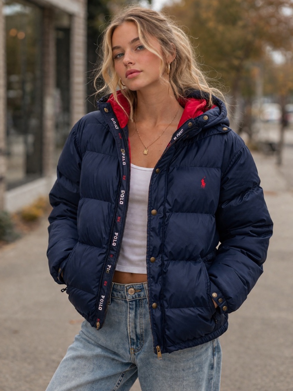 Polo Ralph Lauren Puffer Jacket Kids XL Navy Down Coat Red Lining Hooded